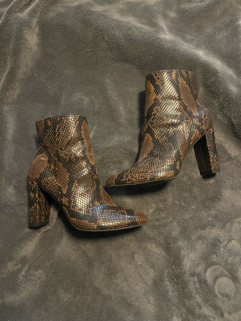 Women's Brown Snake-Print Block Heel Ankle Boots